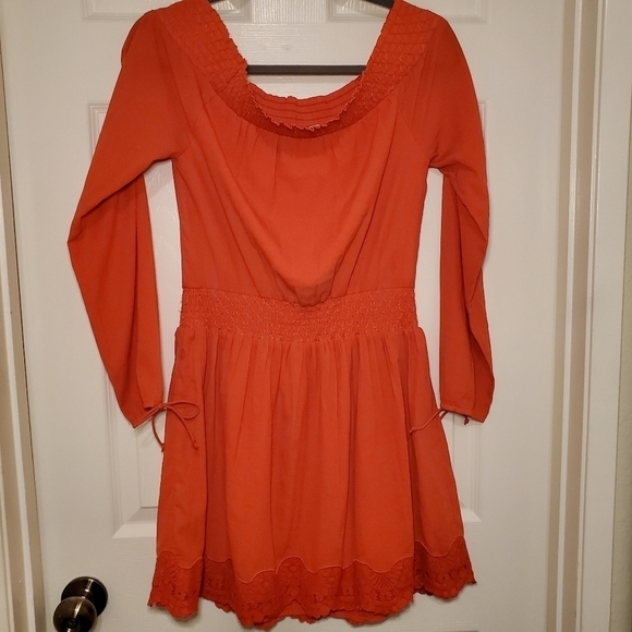 Abercrombie & Fitch Off the Shoulder Smocked mini Dress Orange lined Sz S - Picture 5 of 11